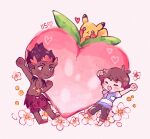  2boys :d arm_up arms_up ash_ketchum barefoot berry_(pokemon) blush_stickers brown_hair brown_pants catsubun_(kkst0904) chibi clenched_hands closed_eyes closed_mouth commentary dark-skinned_male dark_skin flower heart jewelry kiawe_(pokemon) male_focus multiple_boys necklace pants pecha_berry pikachu pokemon pokemon_(anime) pokemon_(creature) pokemon_sm_(anime) red_shorts shirt short_hair short_sleeves shorts smile striped striped_shirt t-shirt topless_male 