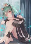  animal_ear_fluff animal_ears bare_shoulders barefoot black_choker black_dress black_ribbon blue_hair cat_ears choker crown curtains dress ear_piercing ear_ribbon earrings extra_ears feet frilled_dress frilled_straps frills gradient_hair green_hair hair_ornament hair_ribbon hands_on_feet highres hololive hugging_own_legs indoors jewelry knees_up medium_hair miakiuehashi multicolored_hair off-shoulder_dress off_shoulder piercing red_eyes ribbon see-through_sleeves short_dress short_sleeves sitting skull_earrings skull_hair_ornament toes uruha_rushia virtual_youtuber wristband 