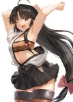  1girl ahoge armpits arms_up bandeau black_hair black_skirt blush bow breasts brown_eyes eyebrows_visible_through_hair hadanugi_dousa hair_bow kantai_collection long_hair looking_at_viewer low-tied_long_hair one_eye_closed open_mouth pleated_skirt shouhou_(kancolle) simple_background skirt smile solo thigh-highs toka_(marchlizard) very_long_hair white_background 