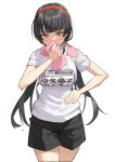  1girl bangs black_hair black_shorts blunt_bangs blush breasts covered_mouth cowboy_shot headband highres icarus_(632247131) idolmaster idolmaster_shiny_colors long_hair looking_at_viewer mayuzumi_fuyuko medium_breasts name_tag shirt short_sleeves shorts simple_background solo sportswear steam sweatdrop towel twintails very_long_hair white_background white_shirt 