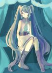  1girl absurdly_long_hair absurdres adapted_costume aqua_necktie bangs bare_arms bare_legs bare_shoulders blue_eyes blue_hair blue_ribbon blue_theme boots collared_shirt commentary_request curtains full_body grey_shirt hair_ribbon hatsune_miku head_tilt highres long_hair minato_yukino necktie noise on_bed painting_(medium) ribbon shirt sitting sitting_on_bed sketch skirt sleeveless sleeveless_shirt solo traditional_media twintails very_long_hair vocaloid watercolor_(medium) white_skirt 
