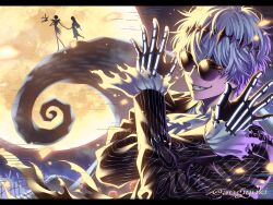  aogiyuki bishounen black_crown crown diamond_hairband formal gloves graveyard halloween highres jack_skellington jacket long_sleeves missing_tooth pinstripe_jacket pinstripe_pattern pinstripe_suit pinstripe_vest round_eyewear sally_(nbc) short_hair silhouette skeleton skeleton_print skully_j._graves smile smirk solo_focus stitches striped_clothes striped_jacket striped_vest suit sunglasses the_nightmare_before_christmas twisted_wonderland twitter_username vertical-striped_clothes vertical-striped_jacket vertical-striped_vest vest white_hair zero_(nbc) 