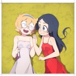  2girls absurdres barbara_parker bare_shoulders black_hair blonde_hair blue_eyes book border dress from_above glasses hair_between_eyes half-closed_eyes hay highres holding holding_book holding_hands little_witch_academia long_hair looking_at_another lotte_jansson lying mole mole_under_eye multiple_girls once_11h open_mouth red_dress short_hair sleeveless smile teeth upper_body upper_teeth white_border white_dress yellow_background 