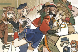  6+girls :d acorn_pendant animal_ear_headwear ankle_boots arm_around_neck arms_around_waist ascot aviator_cap bare_shoulders black_coat black_footwear black_hat blonde_hair blue_dress blue_eyes blue_neckerchief boater_hat boots brown_coat brown_hair brown_hat cabbie_hat checkered_hairband chinese_text closed_eyes coat cowboy_shot crooked_eyewear dress drill_hair druvis_iii elbow_gloves flower gloves goggles goggles_on_headwear green_dress green_eyes green_gloves green_hat green_shirt grey_eyes grey_hair grey_shorts hair_bun hands_up happy_tears hat hat_feather hat_flower heads_together highres holding holding_jewelry holding_necklace holding_paper hug jacket jewelry juliet_sleeves leg_up lilya_(reverse:1999) long_dress long_hair long_sleeves looking_at_another low_twintails mask mask_around_neck midriff multiple_girls navel neckerchief necklace official_art open_mouth orange_hair oxygen_mask paper polka_dot_neckerchief pouch puffy_long_sleeves puffy_sleeves red_flower red_jacket red_socks regulus_(reverse:1999) reverse:1999 shirt short_dress short_hair short_shorts shorts single_side_bun sleeveless sleeveless_dress smile socks sonetto_(reverse:1999) sotheby speech_bubble spoken_character standing standing_on_one_leg sunglasses tearing_up tears thigh_pouch twin_drills twintails vertin_(reverse:1999) watch watch white_ascot 