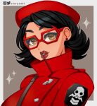 1girl black_hair cattstory dress earrings fortnite glasses hat jewelry lipstick looking_at_viewer makeup open_mouth red_dress red_headwear red_lips rue_(fortnite) short_hair simple_background solo yellow_eyes 