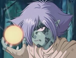  1boy colored_skin dirty film_grain fingerless_gloves fingernails gloves glowing grey_eyes grey_skin hair_over_one_eye id_kaeta looking_at_viewer male_focus pointy_ears purple_hair scales short_hair slayers solo zelgadiss_graywords 