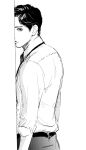  1boy belt collared_shirt from_behind greyscale highres looking_at_viewer looking_back ma2 male_focus monochrome necktie original pants shirt sketch suspenders wall 