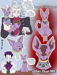  2boys amiz06-certified-b1mb0 animal animalization beerus blue_hair cat colored_skin cover dragon_ball dragon_ball_super dragon_ball_z formal frieza highres holding holding_animal looking_at_viewer multiple_boys person_and_animalization purple_skin whis 