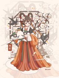  1girl absurdres animal bird blush brown_eyes brown_hair chinese_clothes closed_mouth commentary_request flower full_body hair_flower hair_ornament hair_rings hanfu highres holding holding_kite kite kyu_eki long_sleeves multicolored_hair original ribbon smile solo standing swallow_(bird) translation_request twitter_username white_background white_flower wide_sleeves 