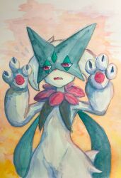  1other animal_hands arms_up averting_eyes body_fur commentary_request fang flying_sweatdrops furry green_fur green_hair half-closed_eyes highres keishi_(pixiv_1245064) looking_to_the_side meowscarada nervous open_mouth orange_background other_focus painting_(medium) partial_commentary paw_pose pawpads pokemon pokemon_(creature) red_eyes short_hair short_tail solo standing sweat tail traditional_media upper_body watercolor_(medium) wavy_mouth 