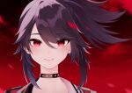 1girl black_choker black_hair blue_hair choker closed_mouth eyebrows_visible_through_hair highres indie_virtual_youtuber ishikawa_rio jacket kson long_hair looking_at_viewer mole mole_under_eye multicolored_hair portrait red_background red_eyes smile solo souchou spiked_choker spikes two-tone_hair virtual_youtuber 
