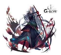  1boy armor black_footwear black_gloves closed_mouth commentary_request dare_ga_tame_no_alchemist full_body gloves grey_hair highres holding holding_sword holding_weapon horns huge_weapon katana long_hair looking_at_viewer male_focus official_art oni red_eyes red_gloves second-party_source shibuhiko simple_background solo straight-on sword tamba_(dare_ga_tame_no_alchemist) very_long_hair weapon white_background 