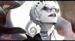  1boy bishounen black_crown blurry blurry_background crown denpyu_shi diamond_hairband formal gloves graveyard halloween highres jacket long_sleeves looking_at_viewer male_focus missing_tooth open_mouth pinstripe_jacket pinstripe_pattern pinstripe_suit pinstripe_vest red_eyes round_eyewear short_hair skeleton skeleton_print skully_j._graves smile solo stitches striped_clothes striped_jacket striped_vest suit sunglasses the_nightmare_before_christmas twisted_wonderland vertical-striped_clothes vertical-striped_jacket vertical-striped_vest vest white_hair 