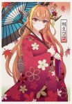  1girl ahoge autumn_leaves blonde_hair bow character_name dragon_girl dragon_horns eyebrows_visible_through_hair floral_print flower head_tilt highres holding holding_umbrella hololive horn_bow horn_ornament horns japanese_clothes kimono kiryu_coco long_hair looking_at_viewer multicolored_hair orange_hair over_shoulder red_eyes red_flower red_kimono smile solo streaked_hair striped striped_bow umbrella very_long_hair virtual_youtuber white_flower xun_(xun124c41) 