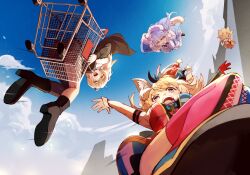  absurdres ahoge animal_ear_fluff animal_ears arm_strap beret black_hair black_jacket blonde_hair blue_bow blue_coat blue_hair blue_sky bow clouds coat commentary_request day fox_ears fox_girl fur-trimmed_jacket fur_trim gloves grey_hair hair_bow hat heart heart-shaped_pupils heart_ahoge highres hololive in_shopping_cart jacket jester_cap lion_ears lion_girl long_hair midair momosuzu_nene momosuzu_nene_(1st_costume) nepolabo omaru_polka omaru_polka_(1st_costume) open_mouth orange_shirt orange_skirt outdoors pink_hair pink_thighhighs shirt shishiro_botan shishiro_botan_(1st_costume) shoes shopping_cart single_glove skirt sky smile sue_(bg-bros) symbol-shaped_pupils thigh-highs tilted_headwear violet_eyes virtual_youtuber white_hat white_shirt wrist_cuffs yellow_eyes yukihana_lamy yukihana_lamy_(1st_costume) 