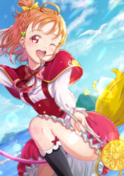  1girl ;d absurdres arm_behind_head arm_up asahina_mirai asahina_mirai_(cosplay) ascot bird black_socks blue_sky blush bow bowtie braid breasts broom broom_riding capelet clover_hair_ornament commentary_request cosplay dutch_angle feet_out_of_frame frilled_skirt frills hair_bow hair_ornament hairclip highres holding holding_wand iroenpitsu_xxx kneehighs long_sleeves looking_at_viewer love_live! love_live!_sunshine!! magic_school_uniform_(mahou_girls_precure!) mahou_girls_precure! medium_breasts miniskirt one_eye_closed open_mouth orange_hair pink_bow pink_bowtie plaid_bow plaid_bowtie plaid_clothes precure red_bow red_capelet red_eyes red_skirt school_uniform shirt side_braid signature skirt sky smile socks solo takami_chika teeth underbust upper_teeth_only wand white_ascot white_shirt yellow_bow 