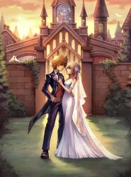  1boy 1girl alternate_costume artist_name bare_shoulders bird black_footwear black_necktie black_pants black_suit blonde_hair blue_eyes bridal_veil clouds collared_shirt commentary commission dove dress english_commentary flower formal full_body grass hair_flower hair_ornament hand_in_pocket hand_on_another's_hip highres hollypolllyy kingdom_hearts kingdom_hearts_ii lips long_hair looking_at_another namine necktie nomura_tetsuya_(style) orange_sky outdoors pants pink_lips pointy_hair profile roxas shirt shoes short_hair signature sky smile strapless strapless_dress suit sunlight sunset veil wedding_dress white_dress white_flower white_shirt 