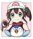  1girl :d ^_^ absurdres bangs bare_shoulders beanie black_shirt blush brown_hair closed_eyes closed_mouth commentary_request cosplay crossover dawn_(pokemon)_(cosplay) disembodied_limb eyebrows_visible_through_hair facing_viewer green_eyes hair_between_eyes hat highres hikari_(pokemon) holding holding_poke_ball hololive looking_at_viewer natsuiro_matsuri okota_mikan pink_background piplup poke_ball poke_ball_(basic) pokemon pokemon_(game) pokemon_bdsp red_scarf scarf shirt side_ponytail sleeveless sleeveless_shirt smile two-tone_background upper_body v-shaped_eyebrows virtual_youtuber white_background white_headwear 