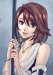 1girl blue_eyes brown_hair collarbone detached_sleeves final_fantasy final_fantasy_x hair_ornament holding japanese_clothes jewelry looking_at_viewer necklace open_mouth phrecklesart ring short_hair simple_background smile solo staff yuna_(ff10) 