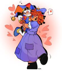  2girls artist_name artist_request asymmetrical_footwear asymmetrical_gloves black_footwear blush button_eyes buttons closed_mouth dress full-face_blush gloves hat hat_bell heart highres hug jester jester_cap jester_costume lifting_person mismatched_eyes mismatched_gloves multicolored_hat multiple_girls nervous open_mouth patchwork_clothes pink_background pomni_(the_amazing_digital_circus) purple_dress ragatha_(the_amazing_digital_circus) simple_background smile spoken_heart stitches striped_clothes striped_headwear stuffed_toy sweat the_amazing_digital_circus triangle_nose two-tone_background two-tone_eyes vertical-striped_bodysuit vertical-striped_clothes vertical-striped_headwear white_background yuri 