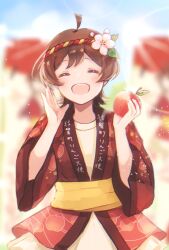  1girl :d ahoge apple blue_sky blurry blurry_background blush brown_hair closed_eyes clouds cloudy_sky cowboy_shot day double-parted_bangs flipped_hair food fruit hands_up happi highres holding holding_food holding_fruit idolmaster idolmaster_million_live! idolmaster_million_live!_theater_days japanese_clothes kinarurikinari leaf long_sleeves looking_at_viewer obi open_mouth outdoors red_happi sash short_hair sidelocks sky smile solo sunlight upper_body wide_sleeves 