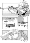  1girl aircraft breasts clouds drop_tank f6f_hellcat firing greyscale highres intrepid_(kancolle) jura_cambri kantai_collection large_breasts m1903_springfield machinery monochrome neckerchief radar rigging roundel shading_eyes turret 