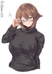 1girl alternate_costume black-framed_eyewear blush breasts brown_hair closed_mouth ebifurya eyebrows_visible_through_hair glasses highres kantai_collection large_breasts long_sleeves looking_at_viewer mutsu_(kancolle) one_eye_closed ribbed_sweater short_hair simple_background smile solo sweater twitter_username upper_body white_background 
