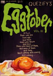  artist_name barcode black_background blood commentary dated egg egg_(food) egg_yolk english_commentary english_text film_grain food food_focus fried_egg halftone halftone_background highres horror_(theme) no_humans original parody poster_(medium) purple_background quezify text_focus title 