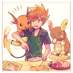  1boy alolan_raichu apron bangs berry blue_oak book collared_shirt commentary_request cooking framed green_apron hanging holding holding_whisk itome_(funori1) male_focus mixing_bowl one_eye_closed open_mouth orange_hair pokemon pokemon_(creature) pokemon_(game) pokemon_frlg pokemon_on_arm raichu shirt short_hair short_sleeves smile spiky_hair tongue whisk 
