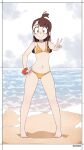  absurdres bangs beach bikini border bracelet brown_hair closed_mouth clouds cloudy_sky full_body hair_bun hand_on_hip highres jewelry kagari_atsuko little_witch_academia looking_at_viewer once_11h outdoors red_eyes sky smile standing swimsuit v white_border yellow_bikini 