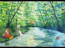  1girl 1other :3 arm_up arms_up beak bird_tail black_eyes blaziken blonde_hair blue_eyes bob_cut body_fur bucket clenched_hand colored_skin commentary_request day feebas fish fishing fishing_rod flat_chest forest full_body furry gardevoir grass green_hair green_skin hair_over_one_eye holding holding_fishing_rod keishi_(pixiv_1245064) long_hair looking_up magikarp multicolored_skin nature on_ground one_eye_covered open_mouth outdoors painting_(medium) pokemon pokemon_(creature) red_eyes red_fur river scenery shallow_water short_hair short_tail sitting standing surprised tail traditional_media two-tone_fur two-tone_skin wading water watercolor_(medium) white_skin yellow_fur 