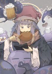  1girl absurdres alcohol artist_name beer beer_mug blush book bpa_art_work chef_hat cup eating food halo hat headpiece highres holding holding_food hololive hololive_english mug nightcap ninomae_ina&#039;nis purple_hair reading tako_(ninomae_ina&#039;nis) tentacle_hair tentacle_hold tentacles twitter_username violet_eyes virtual_youtuber 