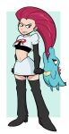  1girl angry animatorrader blue_eyes blush derivative_work green_background highres jessie_(pokemon) long_hair pokemon pokemon_(anime) pokemon_(creature) redhead screencap_redraw team_rocket totodile 