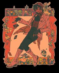  1boy analogous_colors animification ascot ball_and_chain_restraint beanie black_ascot black_background black_eyes black_gloves black_hair black_pants boots broken_eyewear building burger card chibi collared_shirt commentary dark-skinned_male dark_skin dream_(youtuber) dream_smp ear_piercing earrings eiffel_tower english_commentary explosion explosive feathered_wings fingerless_gloves food foolish_gamers fundy_(youtuber) gloves gold_earrings grey_eyes hair_between_eyes hat heterochromia highres hoop_earrings jacket jewelry jschlatt karl_jacobs knee_boots long_sleeves looking_at_viewer low_wings male_focus medium_hair mexican_dream mexican_flag minecraft_youtube multiple_piercings mushroom open_clothes open_jacket open_mouth orange_background orange_wings outline outstretched_hand pants peeco_0 people piercing pink_footwear pink_jacket playing_card poker_chip portrait_(object) punz purpled quackity ranboo red-tinted_eyewear red_hat red_nails red_pupils red_shirt ring sapnap scar scar_across_eye scar_on_face scene_reference shirt sign slimecicle smile solo solo_focus space_needle suspenders technoblade tinted_eyewear tommyinnit tubbo ufo unworn_eyewear white_outline wilbur_soot wings 