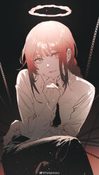  1girl absurdres arm_rest artist_name black_pants chain chainsaw_man crossed_legs formal halo hand_on_own_cheek hand_on_own_chin hand_on_own_face head_rest highres long_hair looking_at_viewer makima_(chainsaw_man) necktie non-web_source orange_eyes pants redhead rella shirt sidelocks sitting smile solo suit weibo_logo weibo_watermark white_shirt 