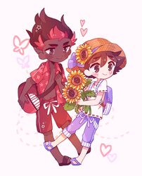  2boys ash_ketchum bag bangs blush_stickers brown_eyes brown_hair capri_pants catsubun_(kkst0904) closed_mouth collared_shirt commentary duffel_bag eyelashes flower hat hat_flower heart highres holding holding_flower kiawe_(pokemon) male_focus multiple_boys open_clothes open_shirt pants pokemon pokemon_(anime) pokemon_sm_(anime) purple_pants red_shirt red_shorts sandals shirt short_hair short_sleeves shorts smile straw_hat sunflower t-shirt white_shirt 