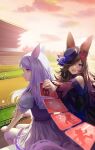  2girls absurdres anger_vein animal_ears baiiya bangs bleachers blue_flower blue_headwear blue_rose brown_hair chinese_commentary dress eyebrows_visible_through_hair flower gameplay_mechanics hair_over_one_eye hat hat_flower highres horse_ears horse_girl horse_racing_track horse_tail light_purple_hair mejiro_mcqueen_(umamusume) mixed-language_commentary multiple_girls off-shoulder_dress off_shoulder pleated_skirt puffy_short_sleeves puffy_sleeves purple_shirt rice_shower_(umamusume) rose sailor_collar sailor_shirt school_uniform shirt short_sleeves skirt summer_uniform swept_bangs tail tilted_headwear tracen_school_uniform umamusume violet_eyes 