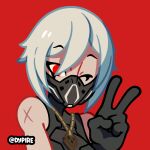  1girl bangs black_gloves dypire fortnite gloves grin highres hush_(fortnite) jewelry looking_at_viewer mask mouth_mask necklace one_eye_closed red_background red_eyes short_hair simple_background smile solo v vest white_hair 