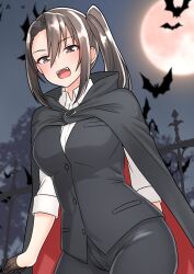  1girl bat_(animal) black_cloak black_gloves black_pants black_vest breasts cloak collared_shirt day fangs full_moon furaggu_(frag_0416) gloves grey_eyes half_gloves highres kantai_collection large_breasts long_hair moon nachi_(kancolle) outdoors pants red_cloak shirt side_ponytail solo standing two-sided_cloak two-sided_fabric vampire_costume very_long_hair vest white_shirt 