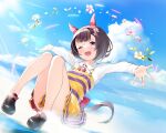 1girl ;d animal_ear_fluff animal_ears bangs bare_legs black_footwear black_hair blue_sky blush bow cat_ears clouds commentary_request day dress eyebrows_visible_through_hair flower full_body hair_flower hair_ornament hairband highres horse_ears horse_girl horse_tail long_sleeves looking_at_viewer nekomu nishino_flower_(umamusume) ocean one_eye_closed open_mouth outdoors outstretched_arms shirt shoes short_hair skirt sky smile solo striped suspenders tail umamusume violet_eyes 