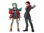  1boy 1girl bangs black_footwear black_jacket black_pants black_shirt closed_mouth commentary earrings english_commentary eyelashes full_body green_eyes green_hair grey_background hat highres jacket jaeon009 jewelry kris_(pokemon) leggings logo long_hair pants parted_bangs pointing pokemon pokemon_(game) pokemon_gsc red_shirt redhead shirt shoes silver_(pokemon) simple_background smile standing zipper 