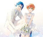  1boy 1girl absurdres bangs blue_eyes blue_hair blue_ribbon blush bouquet breasts collared_shirt dress eyebrows_visible_through_hair flower formal freyja_wion green_eyes hair_behind_ear hair_between_eyes hair_ornament hand_on_own_face hayate_immelmann heart heart_hair_ornament highres holding holding_bouquet jacket looking_at_viewer macross macross_delta mosako necktie orange_hair pants ribbon shirt shoes sitting small_breasts smile solo suit tied_hair white_dress white_flower white_footwear white_jacket white_necktie white_pants white_shirt white_suit 