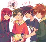  4boys blue_oak brown_hair cellphone closed_mouth commentary_request ethan_(pokemon) gloves green_jacket holding holding_phone itome_(funori1) jacket long_hair long_sleeves male_focus multiple_boys phone pokemon pokemon_adventures red_(pokemon) red_jacket redhead shirt short_hair short_sleeves silver_(pokemon) sneasel spiky_hair sweatdrop t-shirt thought_bubble zipper_pull_tab 