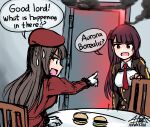  2girls artist_name beret brown_hair brown_jacket burger chair collared_shirt commentary door english_commentary english_text female_commander_(girls&#039;_frontline) food girls_frontline gloves hat highres jacket long_hair meme multiple_girls necktie open_mouth parody red_eyes red_headwear red_jacket senpaihawkkun shirt signature smoke steamed_hams the_simpsons wa2000_(girls&#039;_frontline) white_shirt 