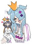  2girls absurdres animal_hood annoyed barefoot blue_hair blush brown_hair chibi collarbone crown daiishori elira_pendora grey_overalls hair_over_one_eye head_tilt head_wings highres hood in_palm laughing looking_at_viewer minigirl mole multicolored_hair multiple_girls nijisanji nijisanji_en off_shoulder one_eye_covered orange_hair overalls penguin_hood penguin_tail petra_gurin skirt sleeves_past_wrists streaked_hair tail tearing_up two-tone_hair v-shaped_eyebrows violet_eyes white_skirt 