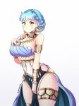 1girl absurdres armlet bangs bare_shoulders belly_chain blue_dress blue_hair blush bracelet braid breasts choker commentary_request cowboy_shot crown_braid dancer_(three_houses) dress earrings eyebrows_visible_through_hair fire_emblem fire_emblem:_three_houses fire_emblem_heroes gradient gradient_background grey_background hand_on_own_chest highres jarckius jewelry large_breasts looking_at_viewer marianne_von_edmund pelvic_curtain short_hair single-shoulder_dress smile solo standing thighlet thighs white_background yellow_eyes 