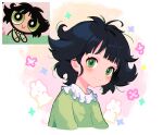  1girl black_hair buttercup_(ppg) buttercup_redraw_challenge closed_mouth frilled_shirt frills green_eyes green_pajamas green_shirt highres looking_at_viewer messy_hair minj_kim multicolored_background powerpuff_girls_z reference_inset shirt short_hair smile 