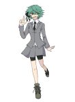  1girl bike_shorts bike_shorts_under_skirt black_ribbon black_shorts blazer brown_eyes concept_art emma_hawkins green_hair hair_ribbon highres jacket necktie pleated_skirt ribbon school_uniform shorts shorts_under_skirt skirt smile solo turtle_head 