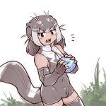  0x0082 1boy animal_ears antenna_hair bangs bulge covered_navel dutch_angle elbow_gloves extra_ears eyebrows_visible_through_hair fangs fingerless_gloves food genderswap genderswap_(ftm) giant_otter_(kemono_friends) gloves grey_hair highres holding holding_food japari_bun kemono_friends looking_at_viewer male_focus medium_hair multicolored_hair one-piece_swimsuit open_mouth otter_girl otter_tail parted_bangs sidelocks sleeveless solo swimsuit tail tan thigh-highs tsurime two-tone_hair zipper zipper_pull_tab 