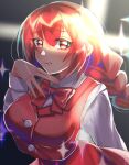  1girl bangs blush bow bowtie braid buttons collared_shirt eyebrows_visible_through_hair highres long_hair long_sleeves looking_at_viewer oiceringi okazaki_yumemi red_bow red_bowtie red_eyes red_neckwear red_skirt red_vest redhead shirt skirt sparkle touhou touhou_(pc-98) upper_body vest white_shirt 